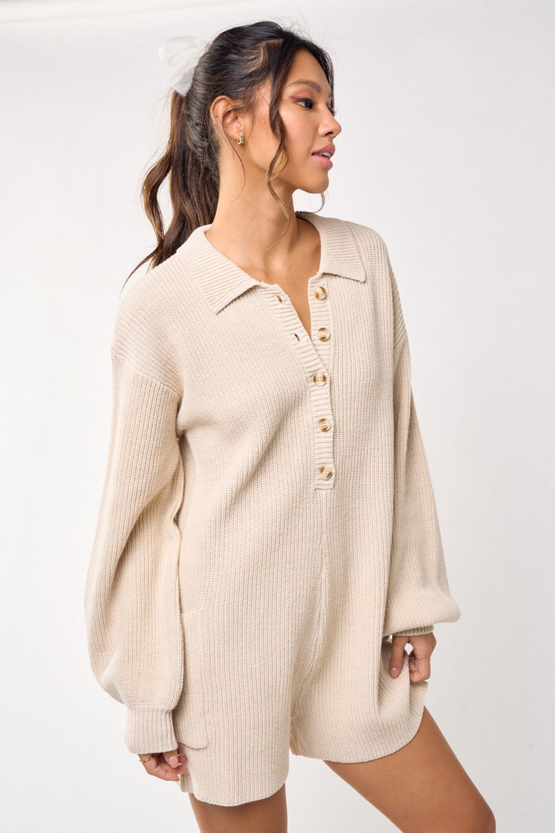 Button Up Long Sleeve Sweater Romper