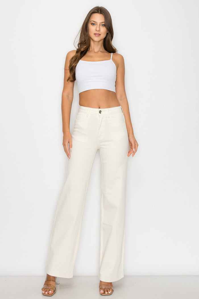 HIGH WAISTED SUPER-STRETCH COLORED WIDE LEG JEANS IN INVORY