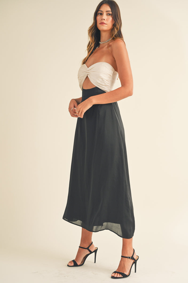Black and White twisted bust front cutout midi dress