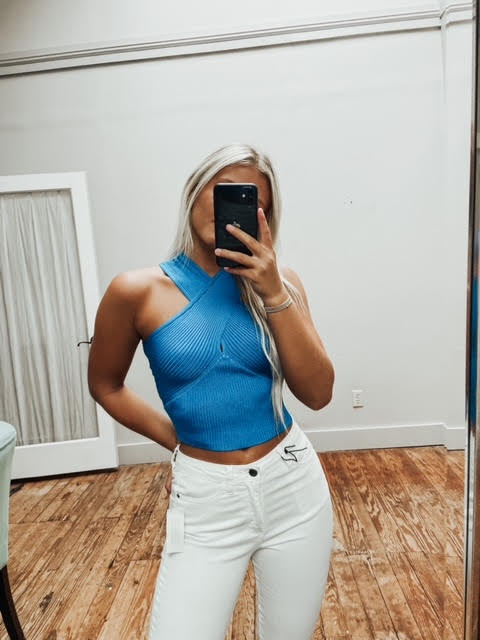 Blue Ribbed Cross-Neck Top