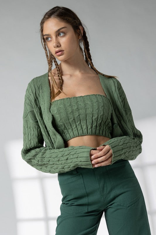 Olive Colored Cable Knit 2pc Sweater Set