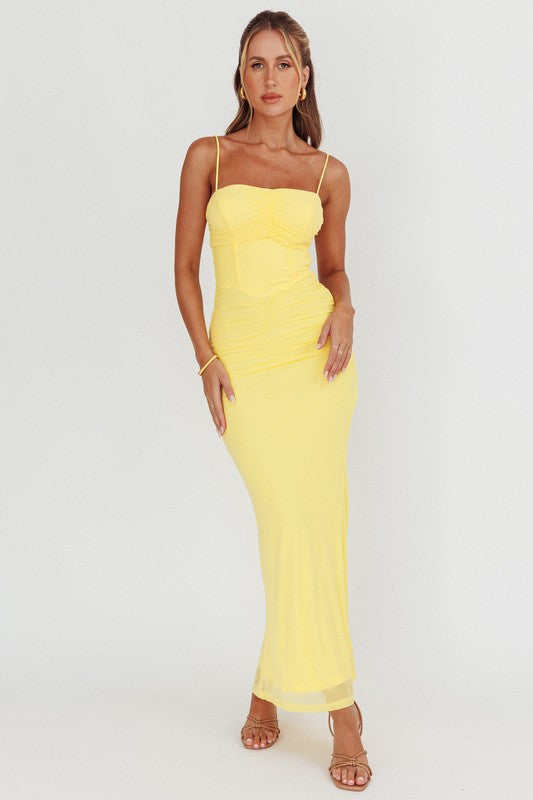 Sleevless Bodycon Ruched Detail Maxi Dress in Lemon