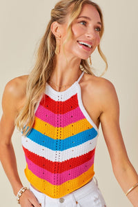 Multi Color Blocked Halter Crochet Top