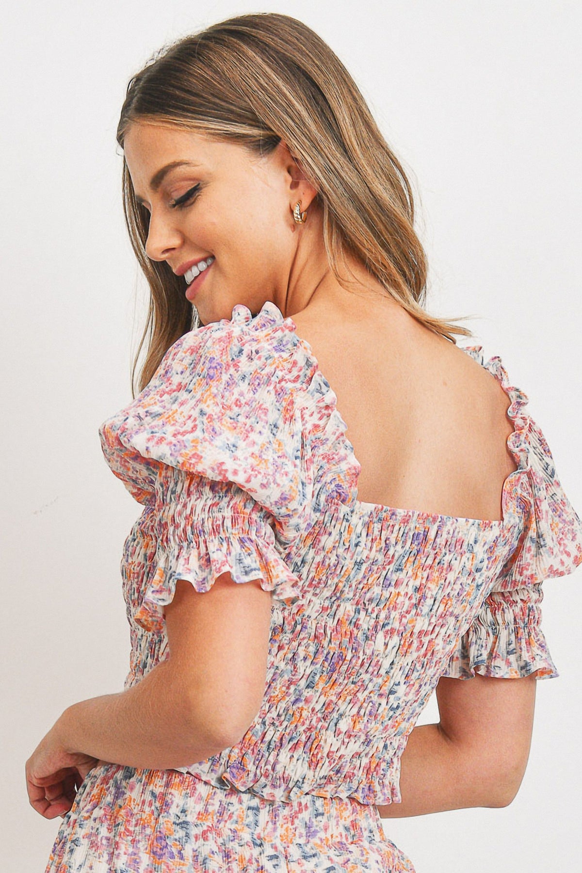 Square Neck Ruffle Smock Top in Pink Multi