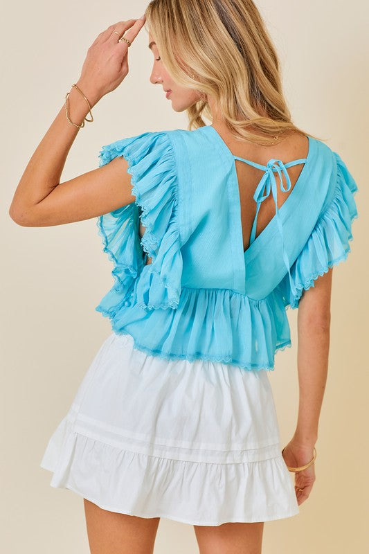 Pleated Front V-Neck Blouse with Lace Trims